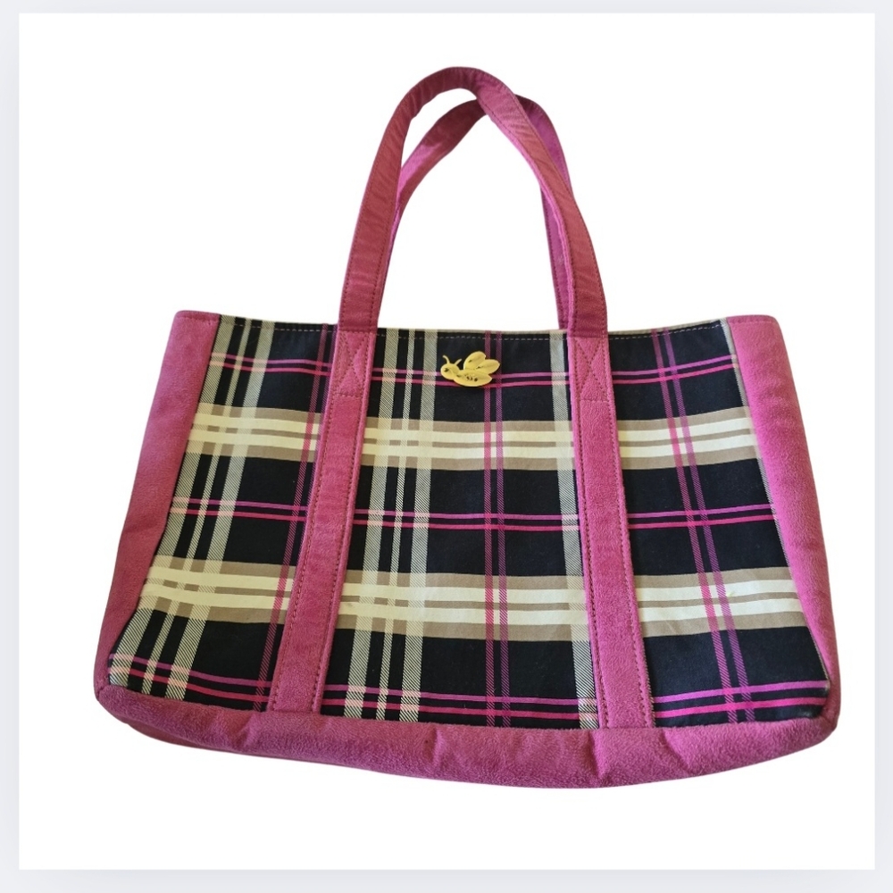 B's Pink Plaid Tote Bag Double Strap Shoulder Purse Felt Canvas Medium Purse